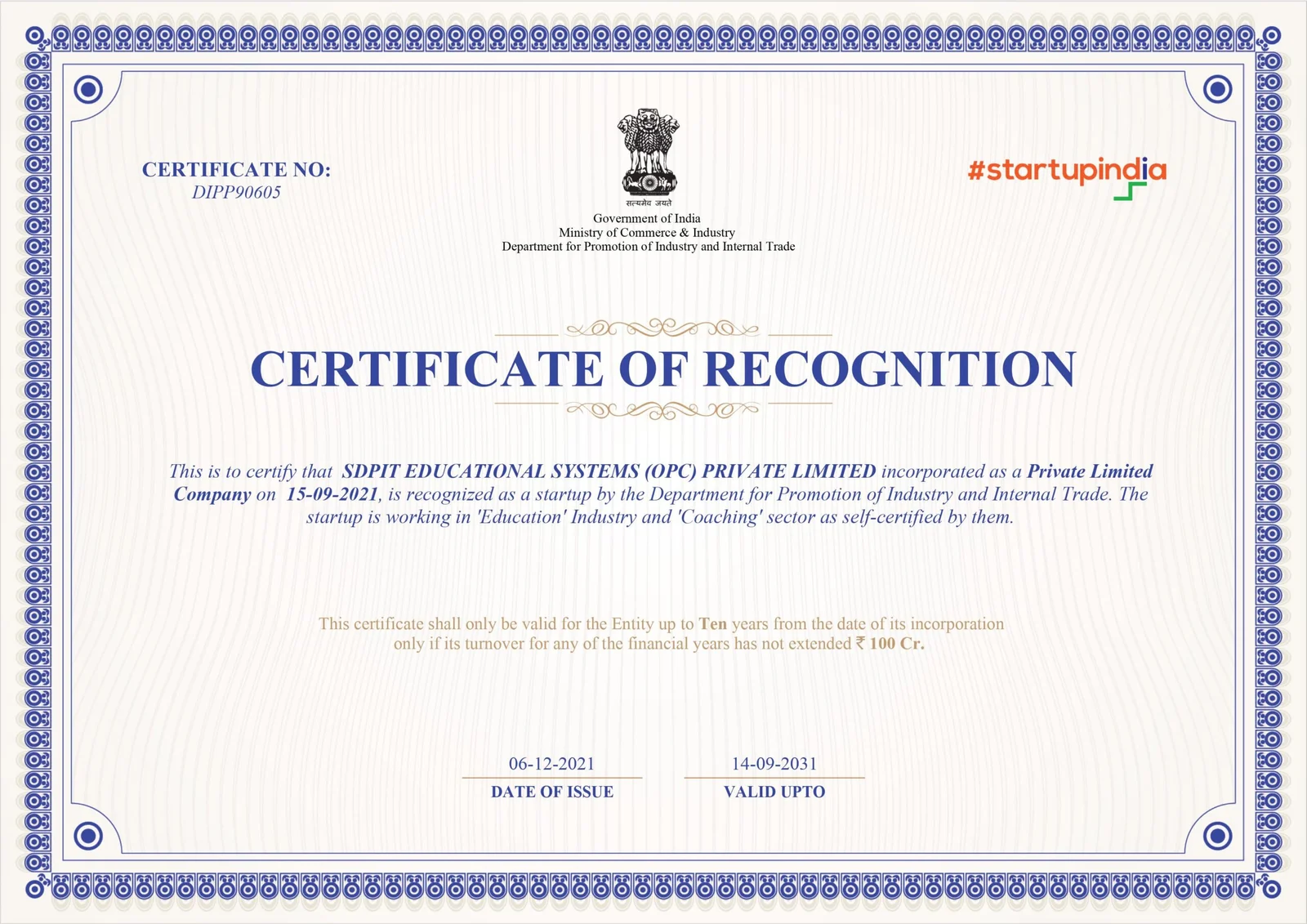 SDPIT recognized by StartUpIndia with Certificate No. DIPP90605 on 06/12/2021